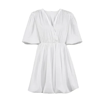 MIOJIOTAXX 2021 m. Vasarą Naująjį V-kaklo Burbulas Rankovės Gėlių Pumpurų Sijonas Europos ir Amerikos Juosmens Slim 5-sleeve Dress Moteris Suknelė
