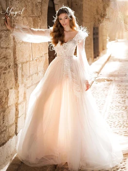 MNGRL Vestuvių Suknelė ilgomis Rankovėmis V-kaklo Balta Plunksna Nėriniai Atgal Nėrinių Nuotakos Suknelės 3D Gėlių Plius Dydis pritaikytas