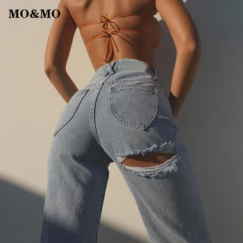 MO&MO - stiliaus 2021 naujas vasaros moterų mados slim atsitiktinis kelnės plauti skylių tiesūs džinsai kelnės moterims
