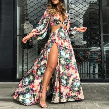 Moterys Vasarą Cottagecore Gėlių Spausdinti Išpjovą Šlaunies Ritininės Maxi Suknelė Atostogų Pašaukimas Boho Beach Sexy Ilga Suknelė Backless Vestidos