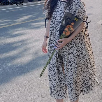 Moterų Baggy Gėlių Suknelė O-kaklo Tvarstis Minkštas Retro Gražių Merginų korėjos Stiliaus Mados Pagrindiniai Studentų Trumpas Rankovės Moterys Naujas