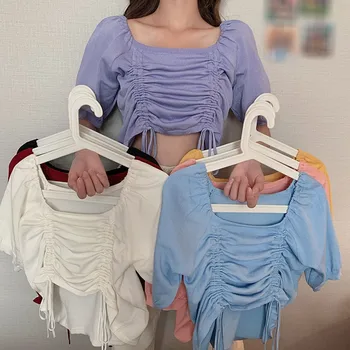 Moterų Megzti Mielas Pasėlių Tees Mados Atsitiktinis Aikštėje Apykaklę, Trumpas Rankovės Marškinėliai 2020 Vientisos Spalvos Raukšlės Raišteliu Viršų