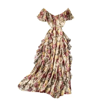 Moterų Paplūdimio Stiliaus Gėlių velniop Kaklo Ilgą Šifono Suknelę vasaros mados off peties raukiniai atostogų MIDI suknelė 2021 Rožinė Rūbeliai