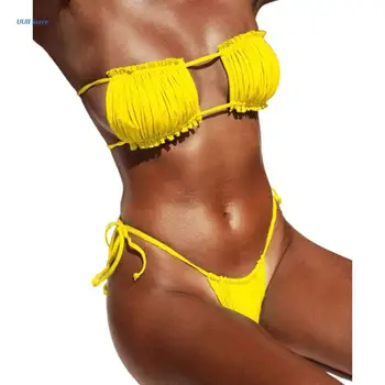 Moterų Sexy 2vnt Bikini Komplektas Ruched Stebėjimo Tuščiaviduriai Iš Bandeau maudymosi kostiumėlį Pusėje Kaklaraištis Mažas Juosmens vientisos Spalvos Maudymosi Kostiumą XX9D