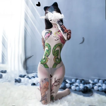 Moterų Sexy Ilgomis Rankovėmis Vien Bodystockings Atvira Tarpkojo Tatuiruotė Bodysuit Apatinis Trikotažas