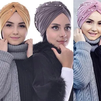 Musulmonų turbaną bžūp kietas medvilnės vidinį hijabs su perlų karoliukus, indijos wrap moterų hijab underscarf kepurės Islamo šukuosena turbante