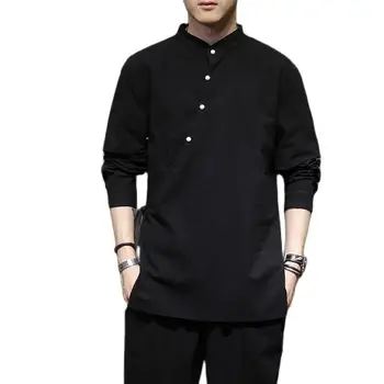 Naujas Kinų stiliaus medvilnės ir lino ilgomis rankovėmis marškinėliai pavasarį