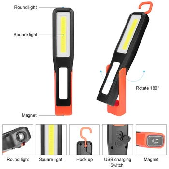 Nešiojamų Dėmesio Darbinis Žibintas Įkraunamas LED, COB Kempingas Darbo Inspekcijos Šviesos Lempos Vertus, Kablys Įrašą Fakelas Magnetiniai