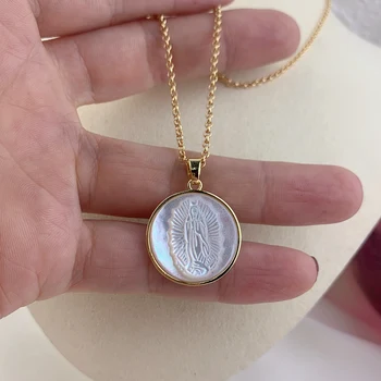 Our Lady of Guadalupe Pakabukas Karoliai Moterų Mados Gamtos Motina Pearl Shell Apvalus Medalis Papuošalai