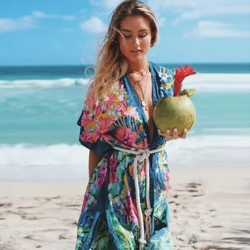 Paplūdimio Cover Up Moterų 2021 Nauja Seksuali Bikini Padengti Iki Spausdintos Paplūdimio Suknelė Laides Laisvas Ilgas Tunikas Maudymosi Kostiumą Padengti Iki Paplūdimio