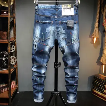 Pavasario ir Vasaros Stiliaus Kankina Pleistras Jeans vyriški Slim Kojų Tendencija Susiuvimo Rašalinis Siuvinėjimo Ruožas Džinsinio audinio Kelnės