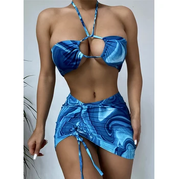 Peachtan Spausdinti maudymosi kostiumėlį moteris Bandeau bikini komplektas Sijonas maudymosi kostiumėliai, moterų Apynasrio 3 gabalus nustatyti, Sporto maudymosi kostiumas, paplūdimio drabužiai 2021