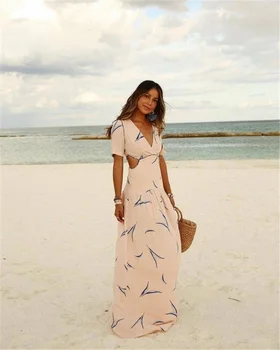 Pieno Skiautelėmis Bohemijos Vasaros Suknelė, Paplūdimio Stilių, V Kaklo Hollow-Out-line Megztinis trumpomis Rankovėmis Geometrinis Seksualus Maxi Suknelės 2021