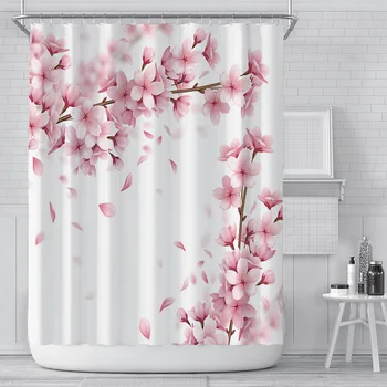 Pink Cherry Blossom Persikų Žiedų Dušo Užuolaidos Baltame Fone Mergina Vonios Vandeniui Poliesterio Audinio Ekranas Su Kabliukais Rinkinys