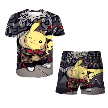 Pokemon T-shirt 3D Spausdinimo Anime Pokémon Vaikams, Kombinezonas Berniukams, Mergaitėms Vasaros Drabužius Mergina T-marškinėliai + šortai 2-piece Set