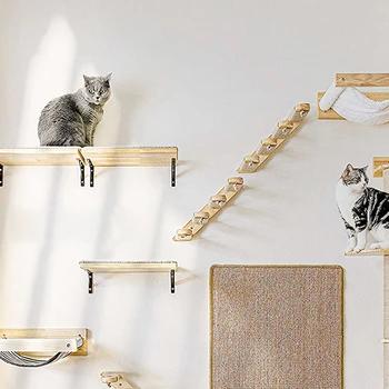 Prie Sienos Montuojamas Katė Laipiojimo Laiptais Sizalio Gumos Medienos Žaislas Augintiniui Baldai Katė Medžio Kačiukas Wall Shelf Set Cat Mediniai Braižymo Laiptai