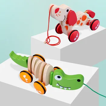 Pėsčiomis-A-Long Croc Šuo Vaikiška Medinė Traukti Palei Žaislas Kūdikiui Nešti Vaikai Šuniuką Kūdikis Mokosi Vaikščioti Žaislo Traktoriai