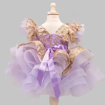 Reljefiniai Sluoksnių Levandų Mergaičių Suknelės Aukso Blizgučiai Vaikai Princesė Dress Vaikų Pirmosios Komunijos Suknelės Gimtadienio Medžiaga 12M 24M