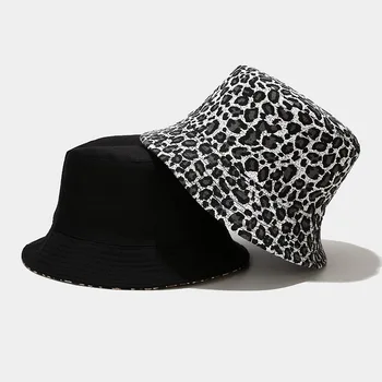 RETRO drobės leopardas spausdinti žvejo skrybėlę moterims, lauko apsauga nuo saulės, skrybėlę, vyrams dvigubai veido baseino skrybėlę tendencija