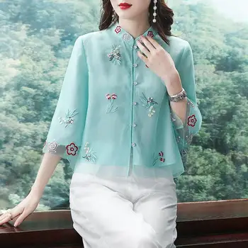 Retro etninės siuvinėjimo Kinijos moterų palaidinė marškinėliai 2021 mados pavasario ir vasaros naujų etninių stiliaus