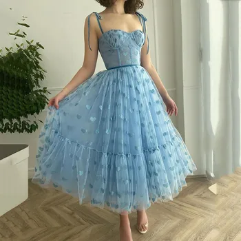 Rūbeliai de Kokteilis Šviesiai Mėlynos spalvos Trumpas Prom Dresses Derliaus 2021 Arbata Ilgis Vakare Šalies Chalatai Vestido de Fiesta de Boda Dirželiai