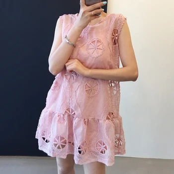 Saldus Tuščiaviduriai Žiedai Tuščiaviduriai iš Rožinės spalvos Mini Suknelė Moterims Vasara O-kaklo, Rankovių Siuvinėjimas-line Bakas Suknelė