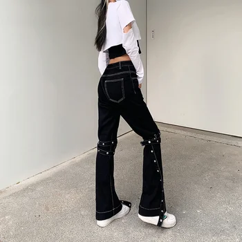SHENGPALAE tvarstis dekoratyvinis džinsinio audinio kelnės moterims pavasario 2021 nauji aukštos juosmens atvira linija tiesūs džinsai moteriška streetwear 5B519