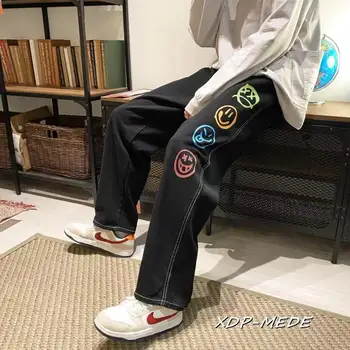 Spalvinga Veiduką Atspausdintas Juodos spalvos Džinsai Vyrai Tiesia Koja Džinsinio audinio Kelnės Paauglių Hip-Hop Drabužių, Negabaritinių Baggy Kelnės Streetwear