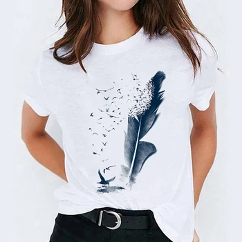 T-marškinėliai Viršuje Moterų Plunksnų Mados Spausdinimo Drabužių Atsitiktinis Spausdinti Lady Moterų Graphic T Shirt Ladies Moterų Tee Marškinėliai