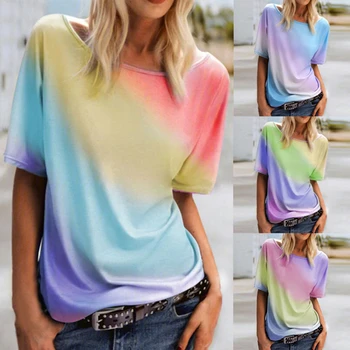 Tie-Dye Rainbow T-Shirt Moterims, Vasaros Trumpas Rankovės Įgulos Kaklo Spalvinga Atsitiktinis Tee Viršūnės S-XL Spalvotų Marškinėliai Ropa De Mujer