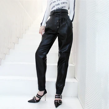 TWOTWINSTYLE Streetwear Juodos Haremo Kelnės Moterims Aukšto Juosmens Atsitiktinis Palaidų PU Odos Kelnių Moterų Mados Naują Drabužių 2021