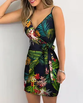 V Kaklo vasaros Suknelės Holiday Beach Suknelė be Rankovių Lankas Mini Suknelė-line Print Spageti Dirželis Atsitiktinis Mini Vasaros Moterų suknelė