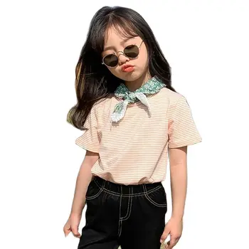 Vaikų vasaros drabužių 2021 merginos dryžuotas trumparankoviai marškinėliai vaikų berniukų viršūnes 4006 51
