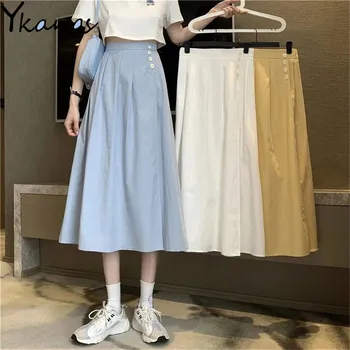 Vasaros Kietas Klostuotas Sijonas Aukštu Juosmeniu Sagos Geltona Mėlyna Balta Ilgi Sijonai Moterims Korėjos Atsitiktinis Laukinių A Linijos Sijonai Streetwear