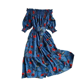 Vasaros Paplūdimio Style Bohemian Stebėjimo Gėlių Spausdinti Moterų A-line Dresses Skraiste 2021 Mados trumpomis Rankovėmis Moterims Šifono Suknelė