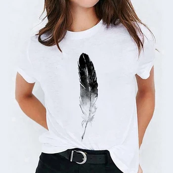 Vasaros Paprasta Mada Moterims T-shirt Plunksnų Spausdinti Baltos Apvalios Kaklo trumpomis Rankovėmis Atsitiktinis Moterų Marškinėlius
