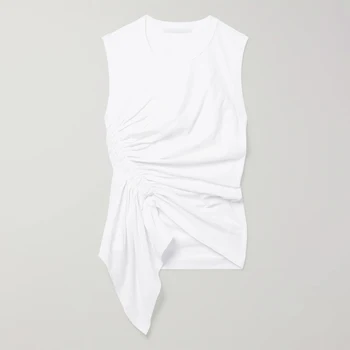 VGH Nesimetriškas Balta Ruched Slim Marškinėliai Moterims, O Kaklo, Rankovių Atsitiktinis Tiesiai T Marškinėliai Moteriška 2021 M. Vasaros Mados Stilius