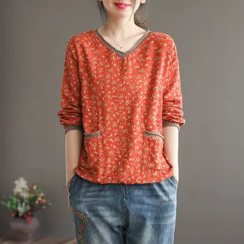 Vintage Marškinėliai Moterims ilgomis rankovėmis Marškinėliai Medvilniniai Skalbiniai V kaklo Laisvi Marškinėliai, Moteris Rudens Drabužiai Pagrindinio Marškinėlius Ponios Atsitiktinis Viršų