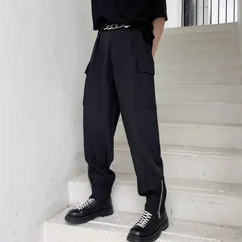 Vyrų Tendencijos Mados Metalo Grandinės Pluoštas Užtrauktukas Kišenės Atsitiktinis Streetwear Krovinių Kelnės Harajuku Vyrų Prarasti Hip-Hop Haremo Kelnės Vyras