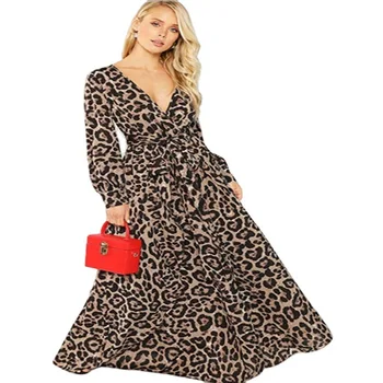 WEPBEL Moterų Atsitiktinis V-kaklo Bohemijos Aukšto Juosmens Suknelė Pavasarį ir Rudenį ilgomis Rankovėmis Mados Leopard Print Suknelė
