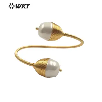 WT-B509 Naujo dizaino handmake viela suvynioti shell bangle aukso baroko formos, reguliuojamo dydžio shell perlų bangle