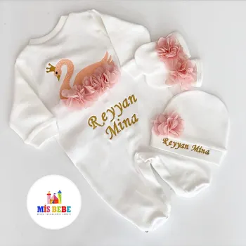 Yenidoğan bebek kişiselleştirilmiş kıyafet özel giyim setleri kuğu tulum bahar takım kıyafet kostümleri çocuk giyim 3-Vnt