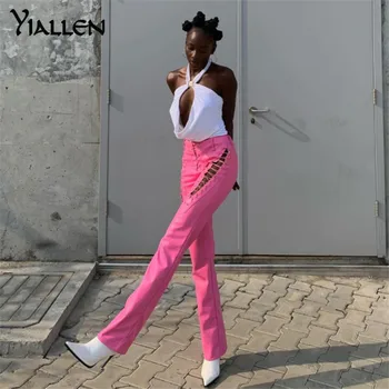 Yiallen Tuščiaviduriai Iš Tvarstis Hipster Tiesios Kelnės Moterims 2021 Dirbtiniais PU Odos, Kietas Mados Gatvės Stiliaus Kelnės Moteriška Karšto
