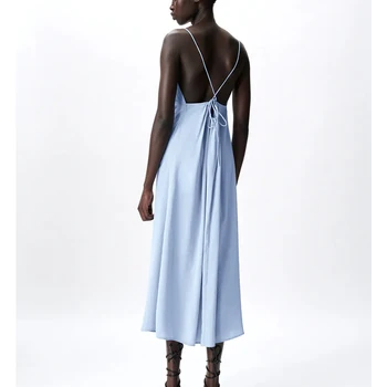 ZA Vasarą Moterys Camis Suknelė 2021 Elegantiškas Ilgas Backless-Line Seksualus Raišteliu Suknelės Rankovių Šilkiniai Šaliai Vestido Apranga