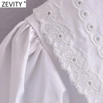 Zevity Moterų Mados Tuščiaviduriai Iš Siuvinėjimo Pasukite Žemyn Apykaklės Balta Palaidinė Lady Pearl Mygtuką, Marškiniai, Elegantiškos Raukiniai Blusas Viršūnes LS9226