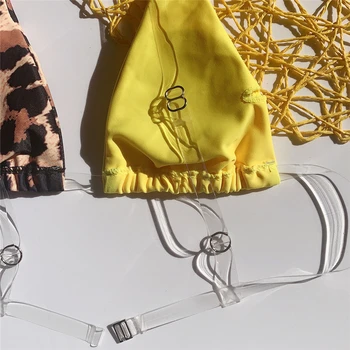 2019 Sexy Diržas Geltonas, Leopardas spausdinimui Sudurti Bikini Nustatyti, maudymosi Kostiumėliai, Moteriški Paplūdimio Biquinis Skaidrus Mikro bikinis Push Up maudymosi kostiumėlį