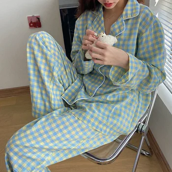 2021 Korėjos Violetinė Tinklelis Mergaičių Naktiniai Marškiniai, Pižamos Nustatyti Mielas Žiemos Ilgos Rankovės Laisvalaikio Sleepwear Moterų Prarasti Naktiniai Drabužiai Homewear Kostiumas