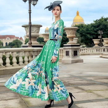 2021 m. Pavasarį, Rudenį Bohemijos Ilga Suknelė ilgomis Rankovėmis Atspausdintas Suknelė Žalia Gėlės Plus Size Vakaro Drabužiai DZ2611