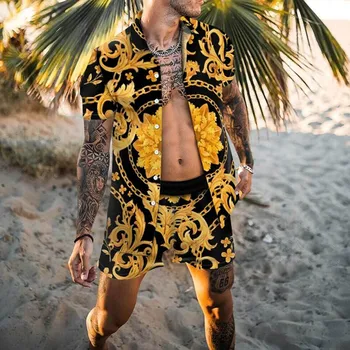 2021 m. Vasarą Vyrams Havajų Rinkiniai Spausdinimo trumpomis Rankovėmis Mygtuką Marškinėliai + Paplūdimio Šortai Streetwear Atsitiktinis Mens Kostiumas, 2 vnt. M-3XL C20