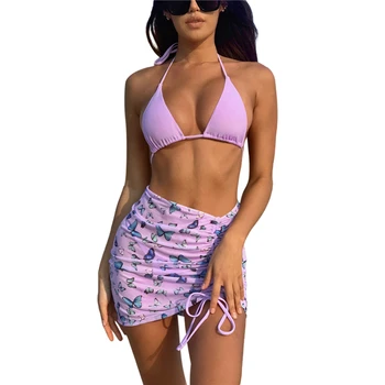 2021 Mados Moterų, Trijų dalių maudymosi kostiumėlį Apynasrio Bikini Drugelis Spausdinti Raišteliu Dizaino Vasaros Paplūdimys Atostogų Maudymosi Apranga